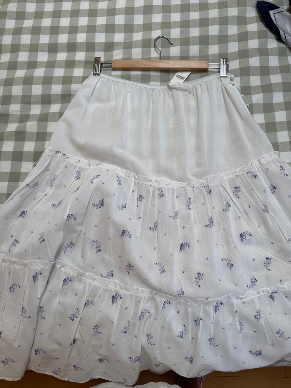 Anthropologie white cotton Midi Skirt with Lavender Floral Print